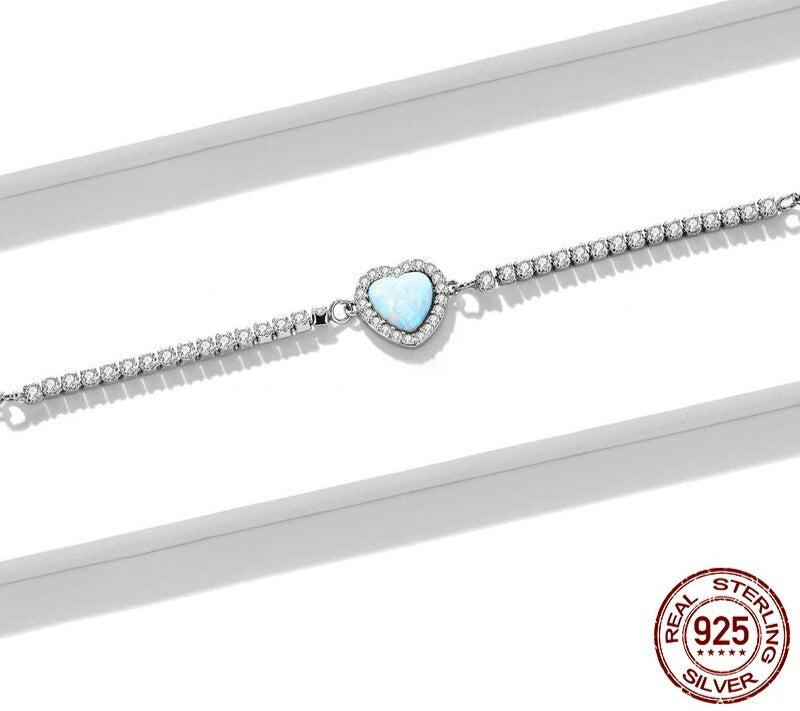 925 Sterling Silver Opal Heart-Shaped Bracelet - TEA LU SHOP