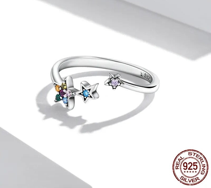 925 Sterling Silver Rainbow Crystal Star Ring - TEA LU SHOP