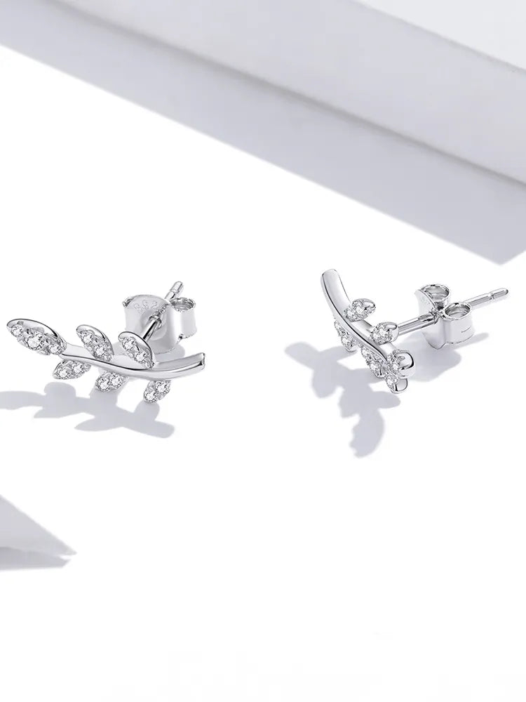 925 Sterling Silver Spring Leaves Clear CZ Zircon Stud Earrings - TEA LU SHOP