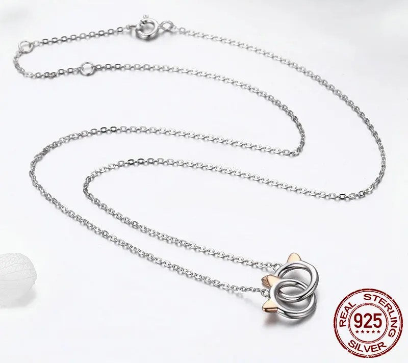 925 Sterling Silver Double Circles Cat Pendant Necklace - TEA LU SHOP