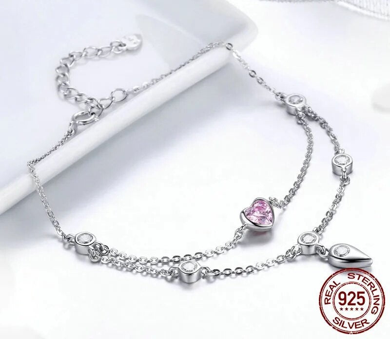 925 Sterling Silver Sweet Heart Pink Bracelet - TEA LU SHOP