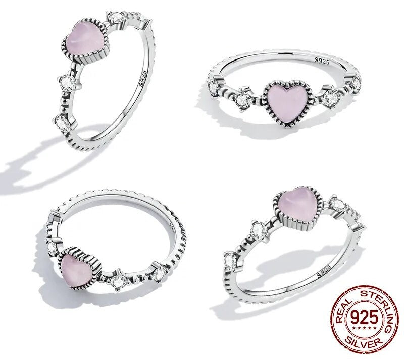 925 Sterling Silver Zircon Pink Heart Ring - TEA LU SHOP
