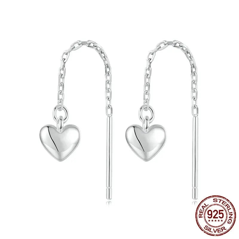 925 Sterling Silver Simple Heart-shaped Drop Ear Threads.