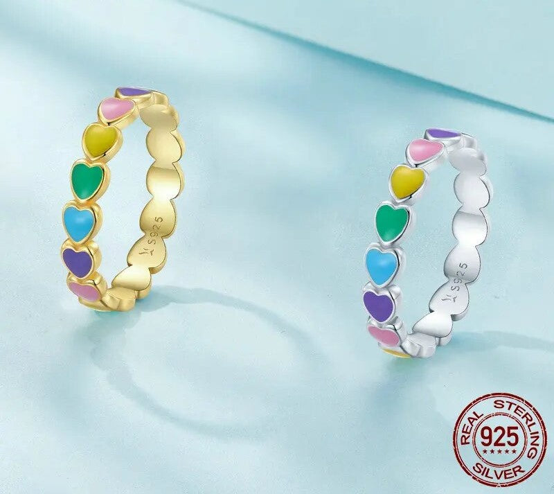 925 Sterling Silver Rainbow Heart Finger Ring - TEA LU SHOP