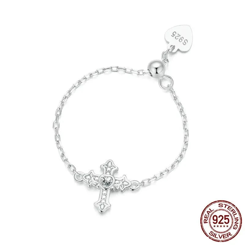 925 Sterling Silver Cross Chain Ring