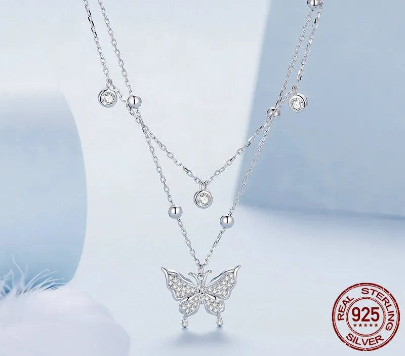 925 Sterling Silver Double-layer Tassel Butterfly Necklace - TEA LU SHOP