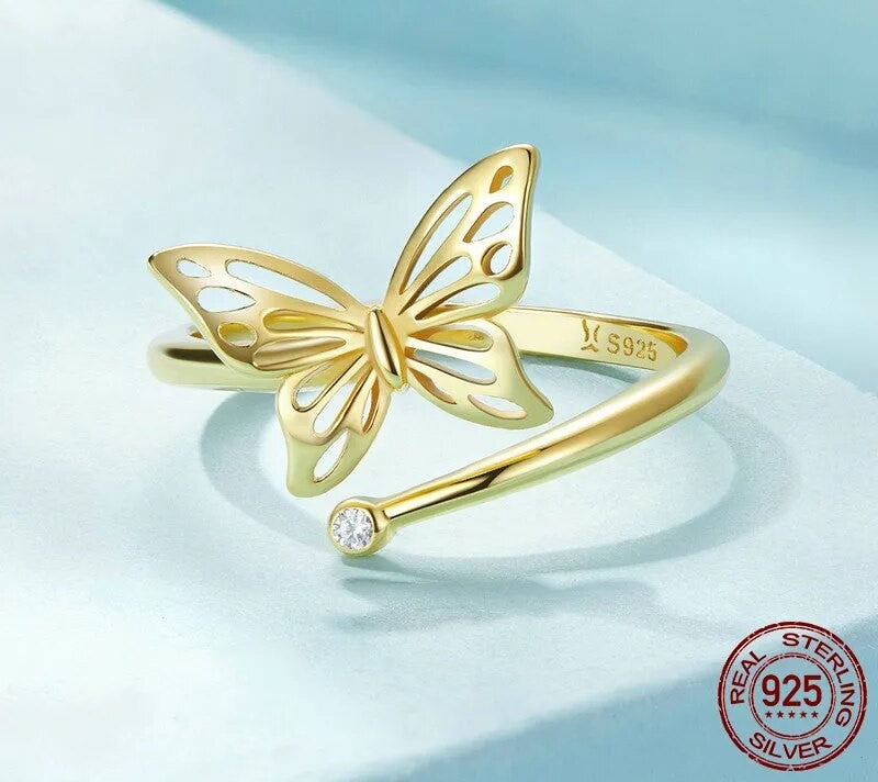 925 Sterling Silver Cute Butterfly Adjustable Ring - TEA LU SHOP