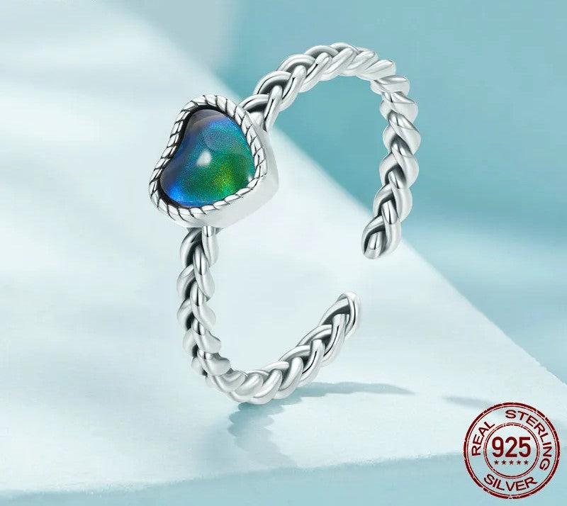 925 Sterling Silver Emotion Stone Heart Adjustable Ring - TEA LU SHOP