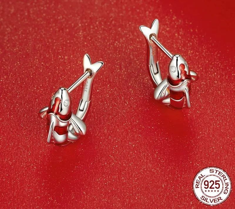 925 Sterling Silver Red Enamel Lucky Carp Ear Buckles - Shine Bright Store
