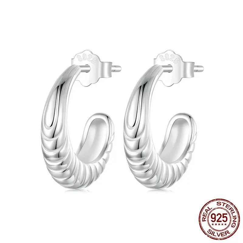 925 Sterling Silver Women Texture Hoop Earrings