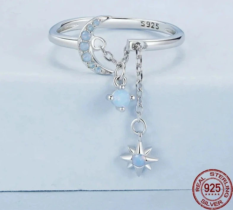 Opal Star and Moon Double Layer Ring