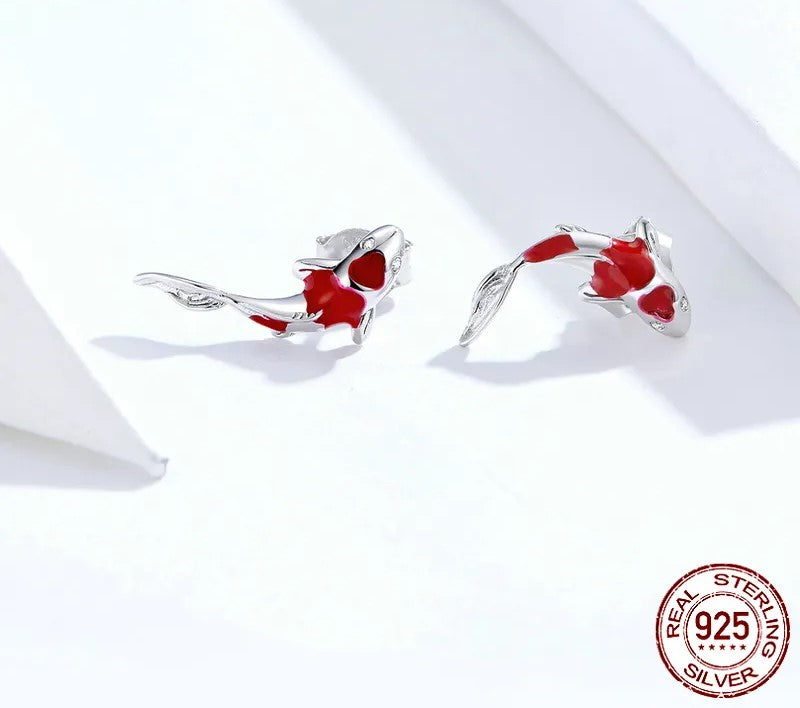 925 Sterling Silver Fish Red Enamel Stud Earrings - TEA LU SHOP