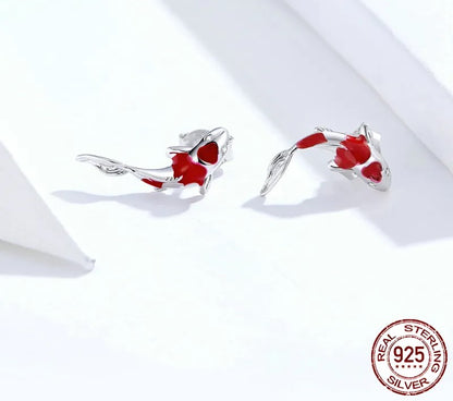 925 Sterling Silver Fish Red Enamel Stud Earrings - TEA LU SHOP