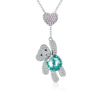 925 Sterling Silver Pink CZ Heart And Cute Bear Necklace - TEA LU SHOP