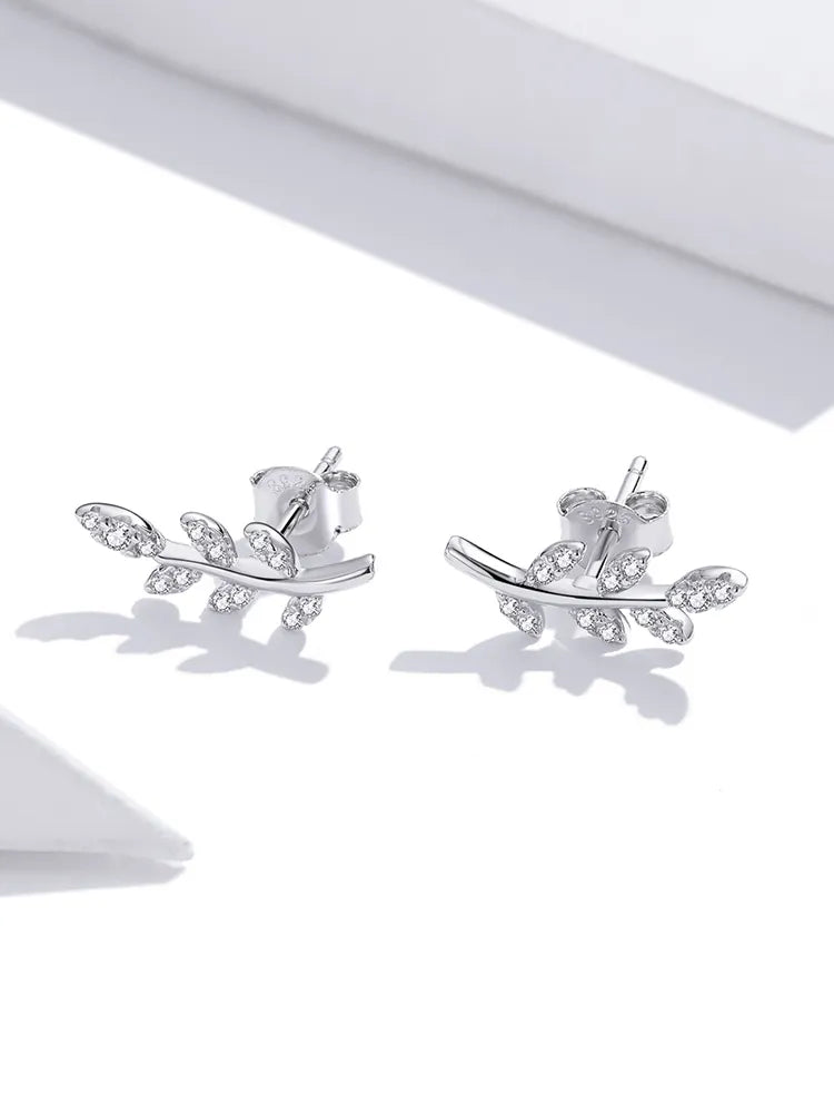 925 Sterling Silver Spring Leaves Clear CZ Zircon Stud Earrings - TEA LU SHOP