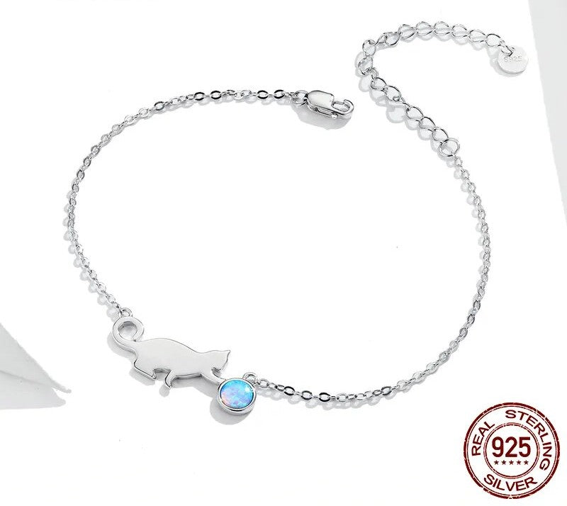 925 Sterling Silver Cute Cat Opal Bracelet - TEA LU SHOP