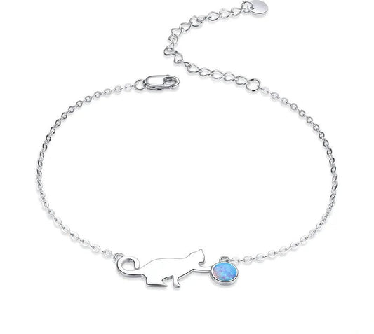 925 Sterling Silver Cute Cat Opal Bracelet - TEA LU SHOP