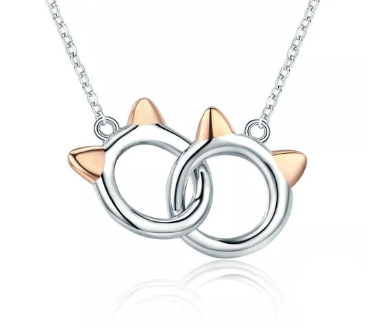 925 Sterling Silver Double Circles Cat Pendant Necklace - TEA LU SHOP