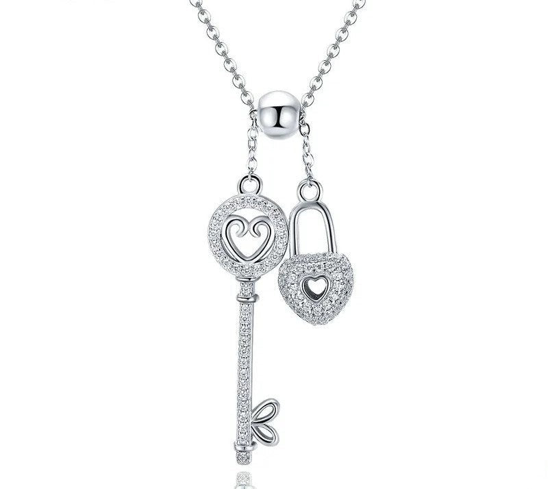 925 Sterling Silver Key and Heart Lock Necklace - TEA LU SHOP