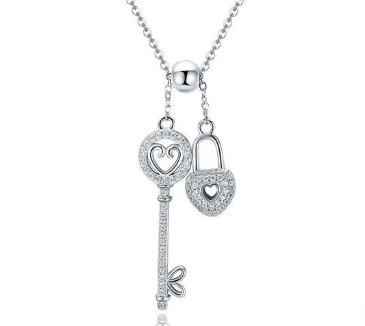 925 Sterling Silver Key and Heart Lock Necklace - TEA LU SHOP