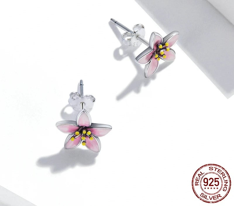 925 Sterling Silver Elegant Enamel Pink Cherry Blossom Stud Earrings - TEA LU SHOP
