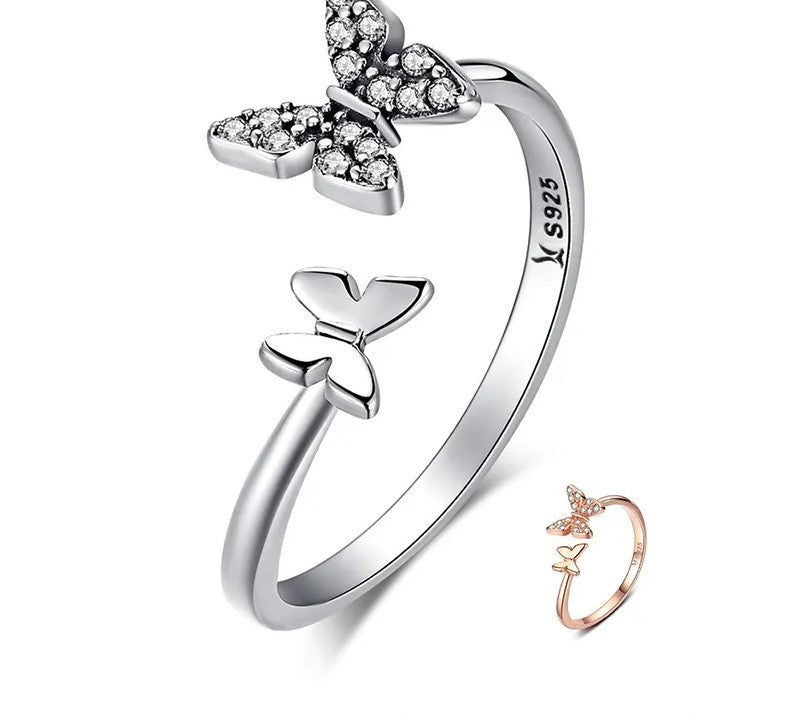 925 Sterling Silver Dazzling CZ Butterfly Open Ring - TEA LU SHOP