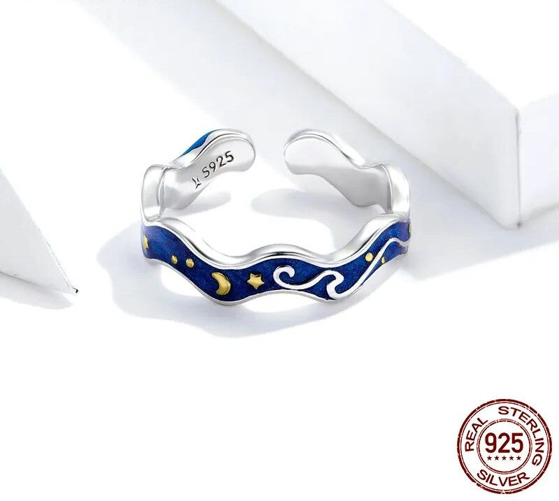 925 Sterling Silver Blue Sky of Van Gogh Open Ring - TEA LU SHOP