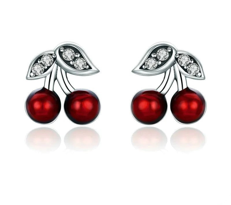 925 Sterling Silver Cherry Red Enamel Stud Earrings - TEA LU SHOP