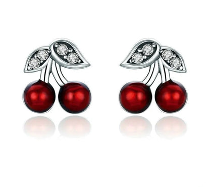 925 Sterling Silver Cherry Red Enamel Stud Earrings - TEA LU SHOP