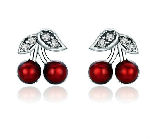 925 Sterling Silver Cherry Red Enamel Stud Earrings - TEA LU SHOP