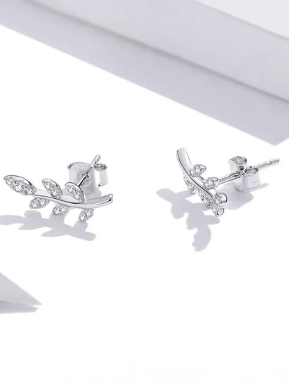 925 Sterling Silver Spring Leaves Clear CZ Zircon Stud Earrings - TEA LU SHOP