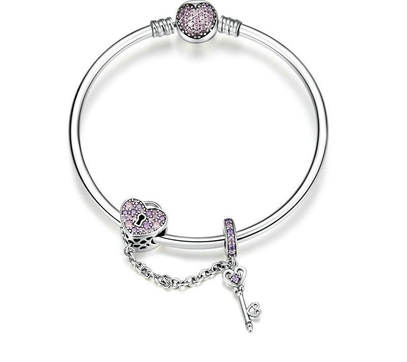 925 Sterling Silver Pink Heart Lock and Key Bracelet - TEA LU SHOP