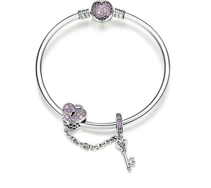 925 Sterling Silver Pink Heart Lock and Key Bracelet - TEA LU SHOP