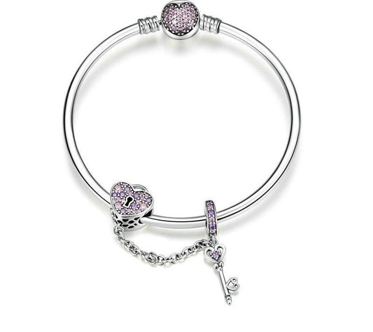 925 Sterling Silver Pink Heart Lock and Key Bracelet - TEA LU SHOP