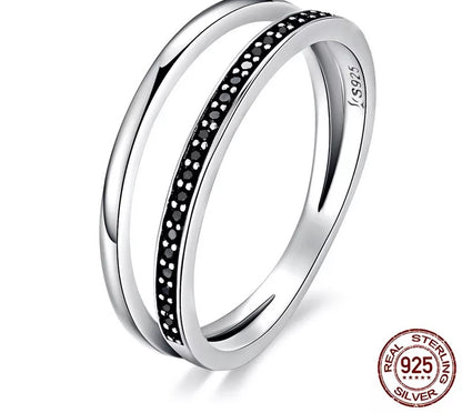 925 Sterling Silver Double Circle Black Clear CZ Ring - TEA LU SHOP