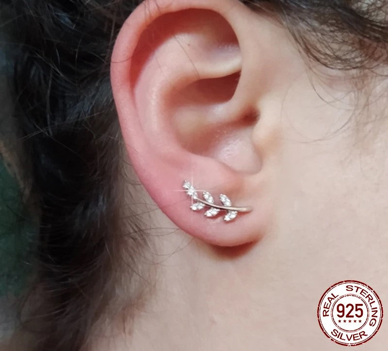 925 Sterling Silver Spring Leaves Clear CZ Zircon Stud Earrings - TEA LU SHOP