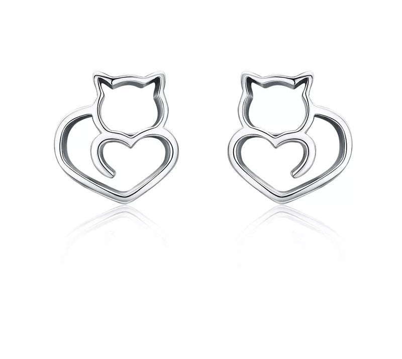 925 Sterling Silver Cute Cat Stud Earrings - TEA LU SHOP