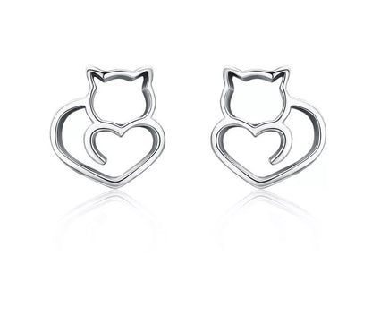 925 Sterling Silver Cute Cat Stud Earrings - TEA LU SHOP