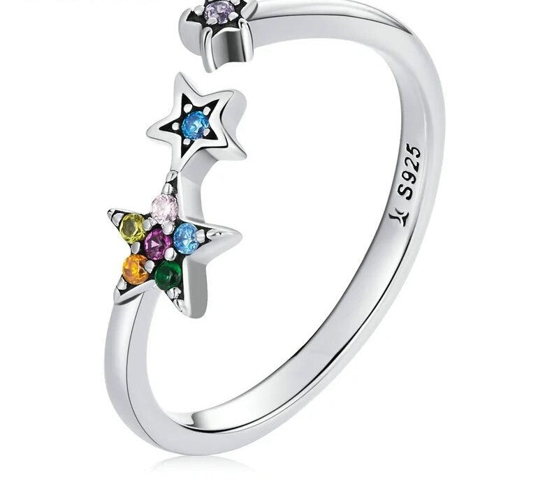 925 Sterling Silver Rainbow Crystal Star Ring - TEA LU SHOP