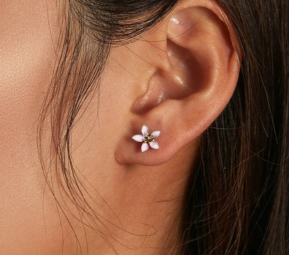 925 Sterling Silver Elegant Enamel Pink Cherry Blossom Stud Earrings - TEA LU SHOP