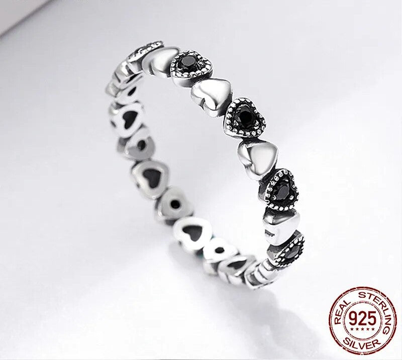 925 Sterling Silver Stackable Black Heart Ring - TEA LU SHOP