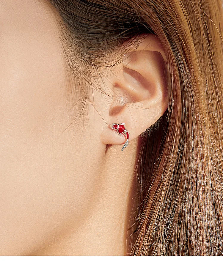 925 Sterling Silver Fish Red Enamel Stud Earrings - TEA LU SHOP