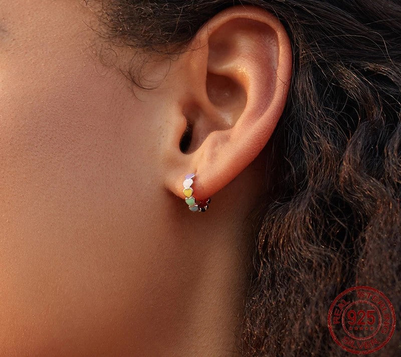 925 Sterling Silver Multicolor Enamel Heart Hoop Earrings - TEA LU SHOP