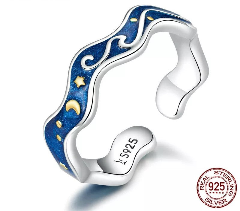 925 Sterling Silver Blue Sky of Van Gogh Open Ring - TEA LU SHOP