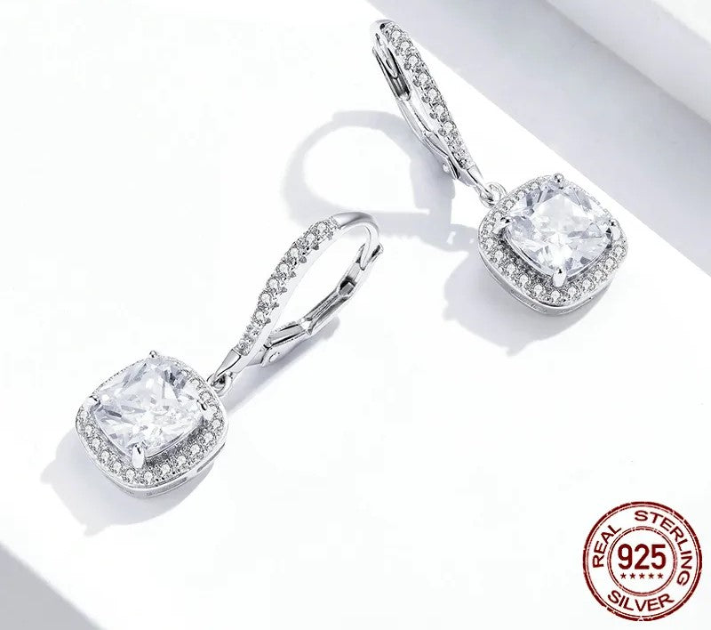 925 Sterling Silver Dazzling CZ Square Geometric Drop Earrings - TEA LU SHOP