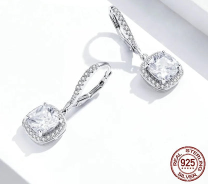 925 Sterling Silver Dazzling CZ Square Geometric Drop Earrings - TEA LU SHOP