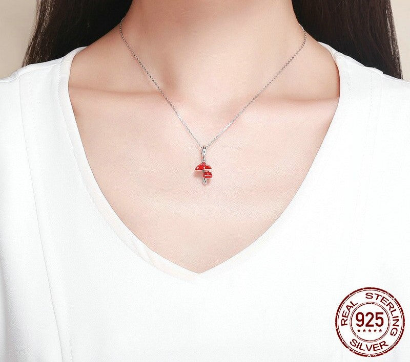925 Sterling Silver Red Mushroom Pendant - TEA LU SHOP