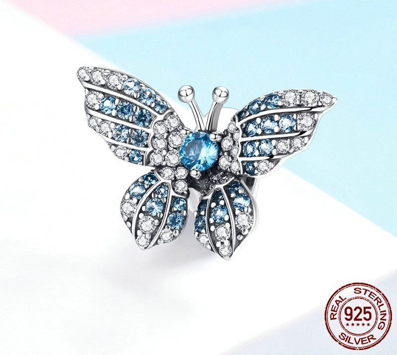 925 Sterling Silver Blue Zircon Butterfly Stopper - TEA LU SHOP