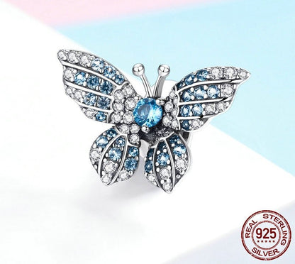 925 Sterling Silver Blue Zircon Butterfly Stopper - TEA LU SHOP