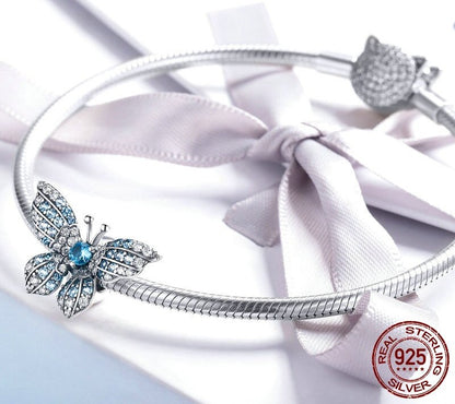925 Sterling Silver Blue Zircon Butterfly Stopper - TEA LU SHOP
